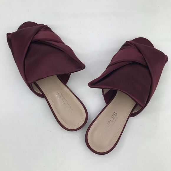 Charles David Burgundy Satin Wrap Knot Open Toe Slide Flats - Picture 6 of 14